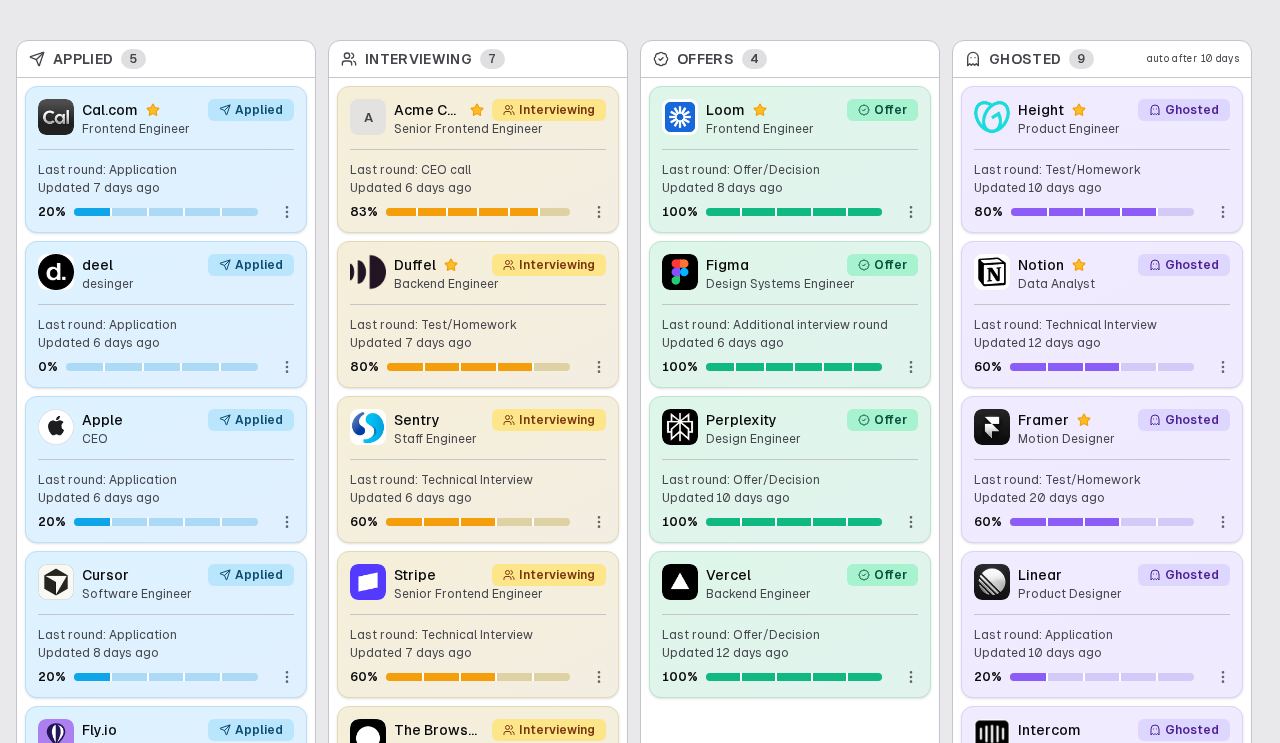 The Ghosted dashboard in board view: applications as cards grouped by stage.